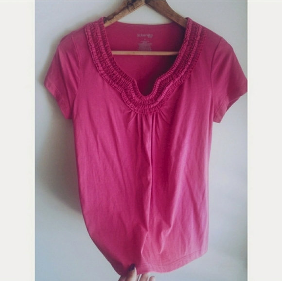 Ruffled Neckline Short Sleeve T Shirt Blouse Top - Picture 2 of 5